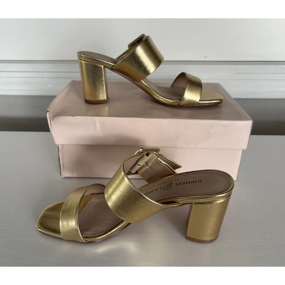 Chinese Laundry Yippy Slide Sandle Gold Block Heel Size 6